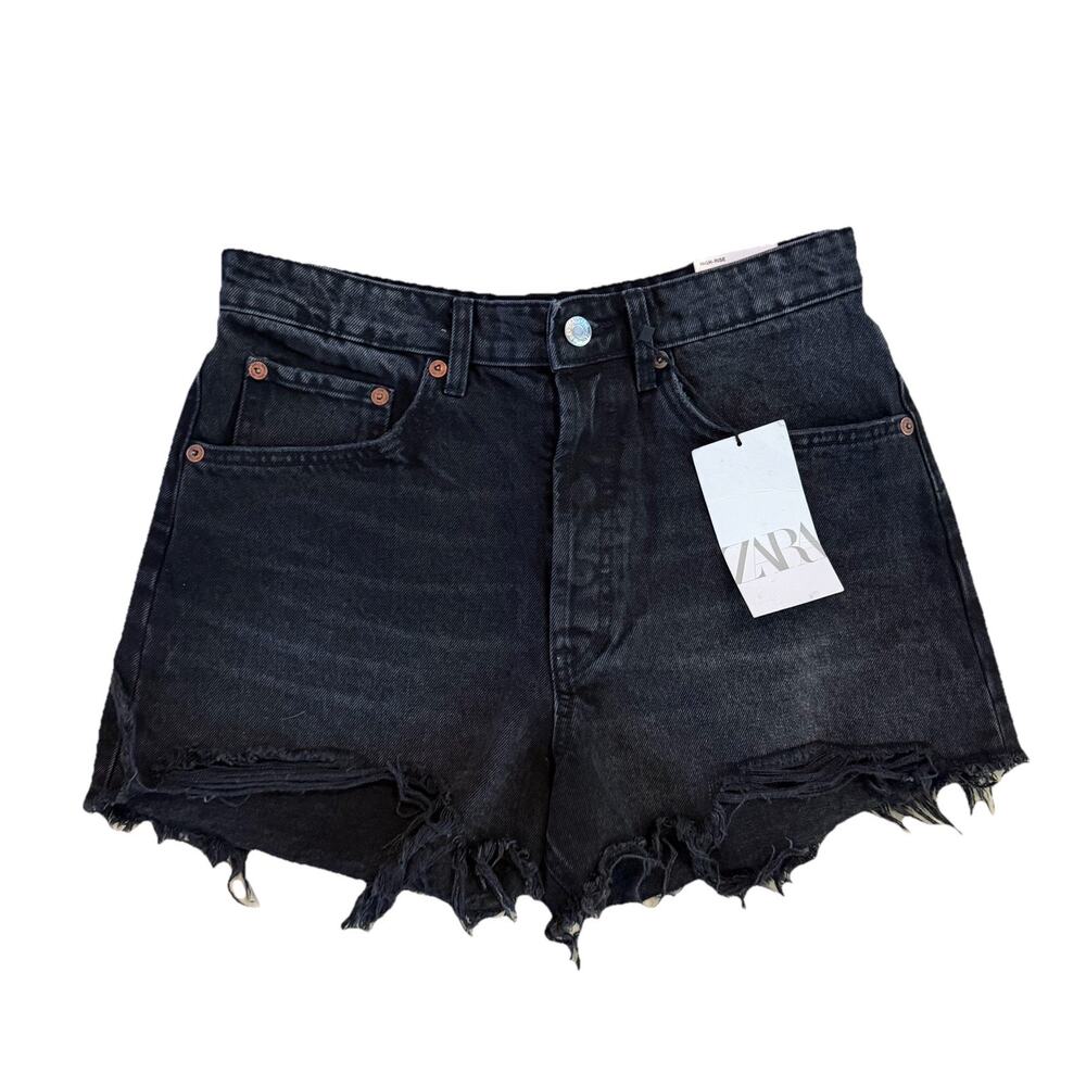 ZARA High Waisted Shorts Black Denim Button Fly 5 Pocket Distressed Women’s 6